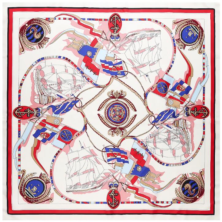 New Silk Scarf Women Large Shawls Fashion Sailing Boat Square Bandana Luxury Kerchief Hijab Scarf Female Foulards 130CM