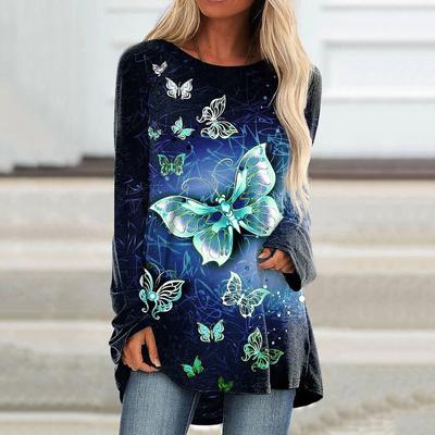 Женская футболка больших размеров на весну с принтом бабочек, удобная, с длинным рукавом и круглым вырезом, повседневная, свободная, средней длины