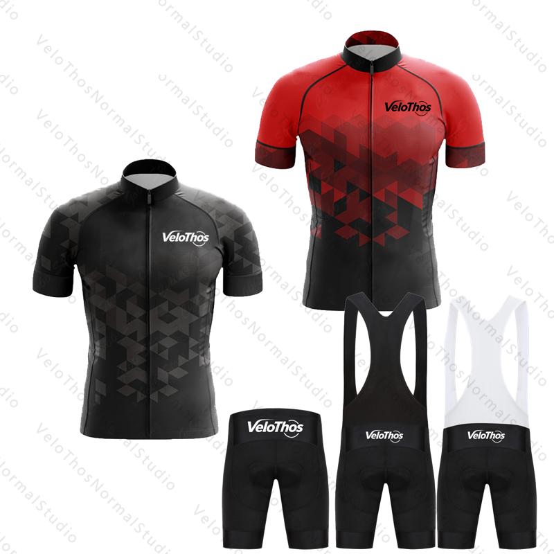 VeloThos Cycling Jersey Set Short Sleeve and Bib Shorts Pro Race Bicycle Clothing Ropa Maillot Summer for Men Sport Camping