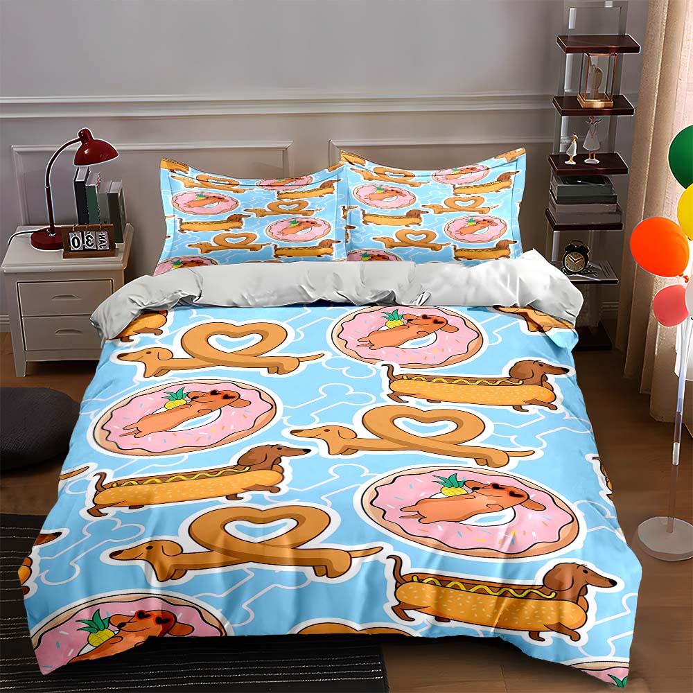 Dachshunds donuts hearts Bedding Duvet cover sets Duvet covers Pillowcases gifts (1 * Duvet Cover 2 * Pillowcases, without duvet insert)