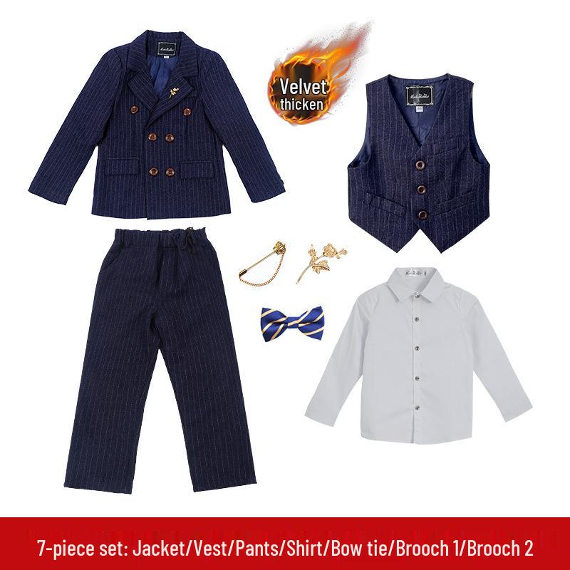 British Style Double-Breasted Boys' Three-Piece Striped Suit Set for Spring and Autumn