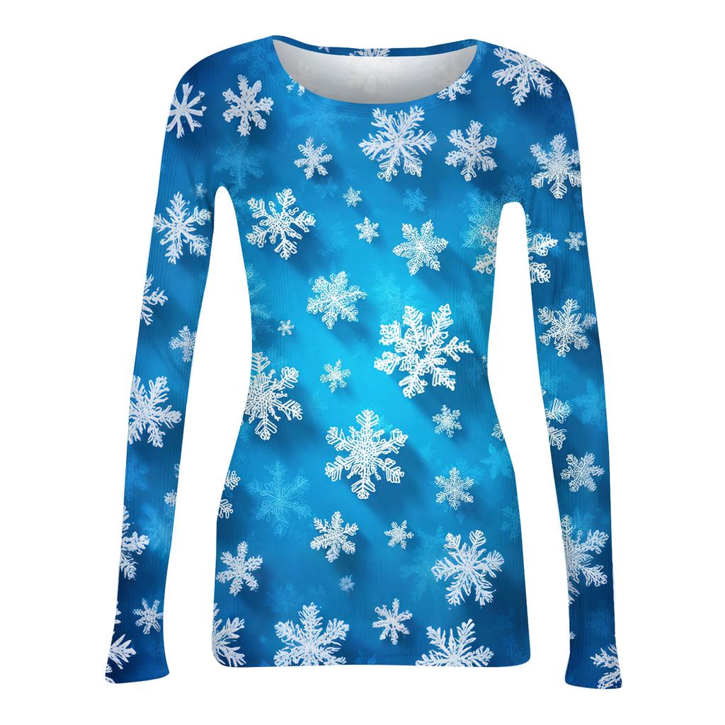 Women's Fashion Slim-Fit Round Neck Base Layer T-Shirt Christmas Print Long-Sleeved Top