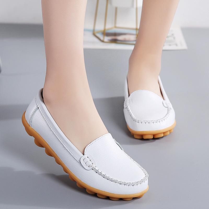 Shoes for Women Spring Large Size Genuine Leather Women's Shoes Round Toe Flat Casual Shoes for Women Non-slip Pregnant Women Bean Shoes for Women