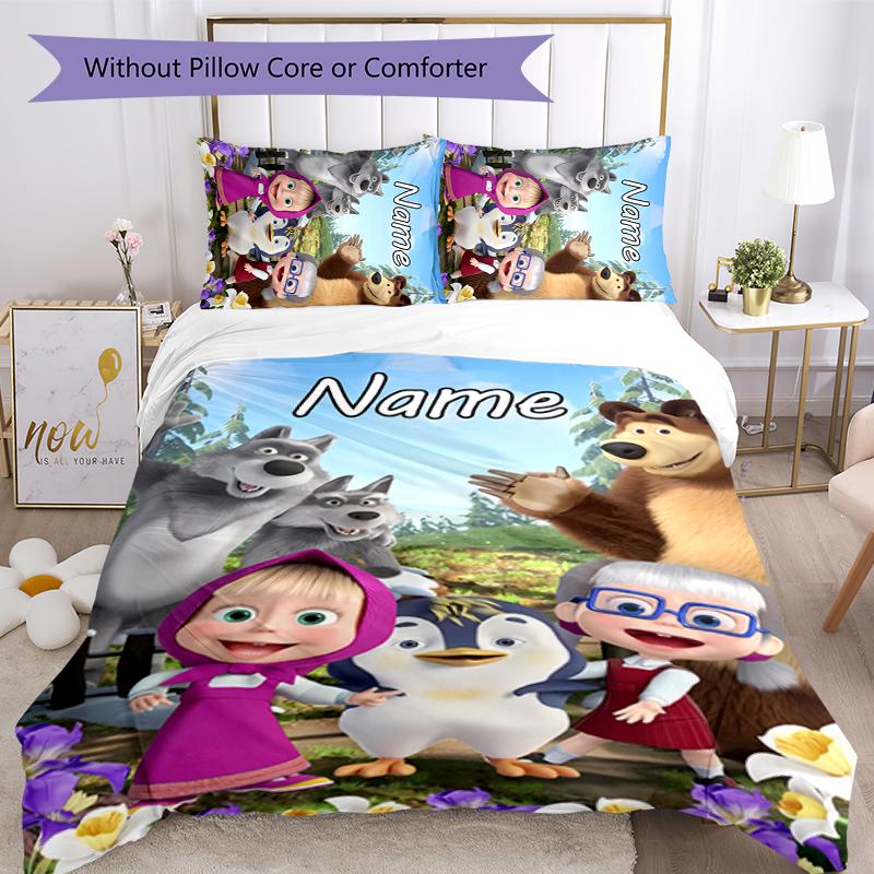 3pcs Custom Name Cartoon Masha and the Bear Bedding Set Duvet Cover Closure Includes 1 Duvet Cover & 2 Pillowcases for All Seasons Bedroom Decor