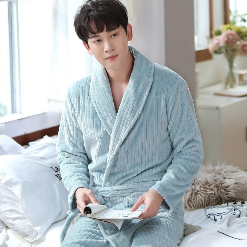 Couples Flannel Robe Long Sleeve Thick Coral Fleece Bathrobe Home Pajamas Comfort
