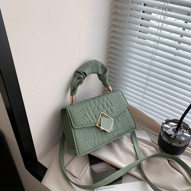 Trendy Crocodile Pattern Handbag, Top Ruched Handle Square Wallet for Women, Solid Color Textured Bag