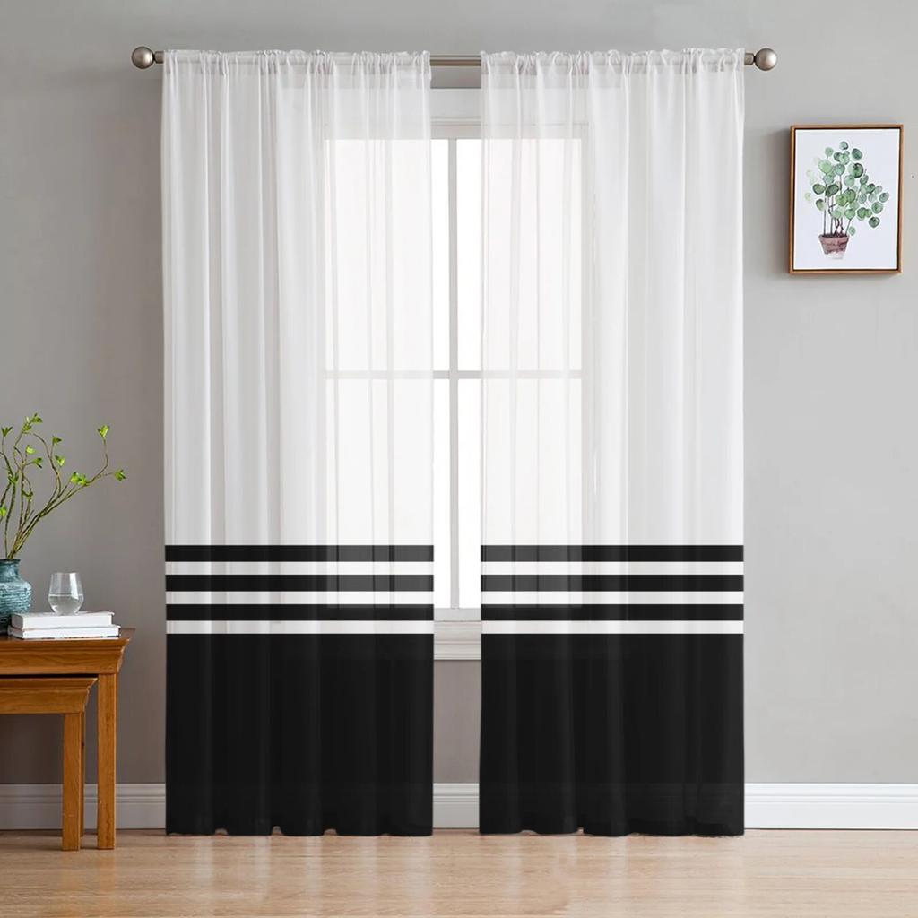 Прозрачные шторы под дерево в черно-белые полосы для гостиной, спальни, роскошные шторы с балдахином для кухни