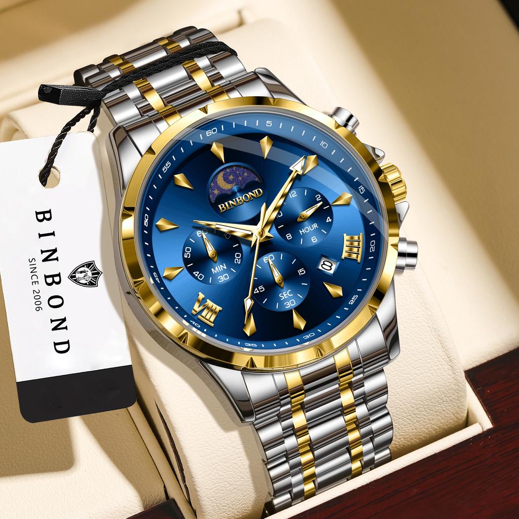 Mens Chronograph Wrist Watch Stainless Steel Metal Band Analog Quartz Watches Waterproof Luminous Moon‑Phase Calendar