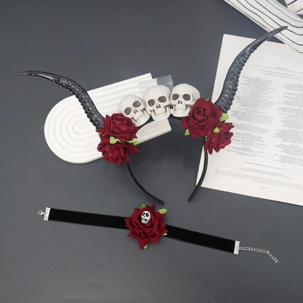 Skull Ox Horns Headband Gothic Style Red Rose Headband Hairbands Sheep Horn Hairband Costume Party