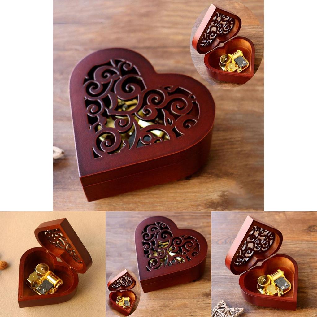 Очаровательная прямоугольная музыкальная шкатулка из дерева с резьбой в виде сердца, заводная, с мелодичными мелодиями