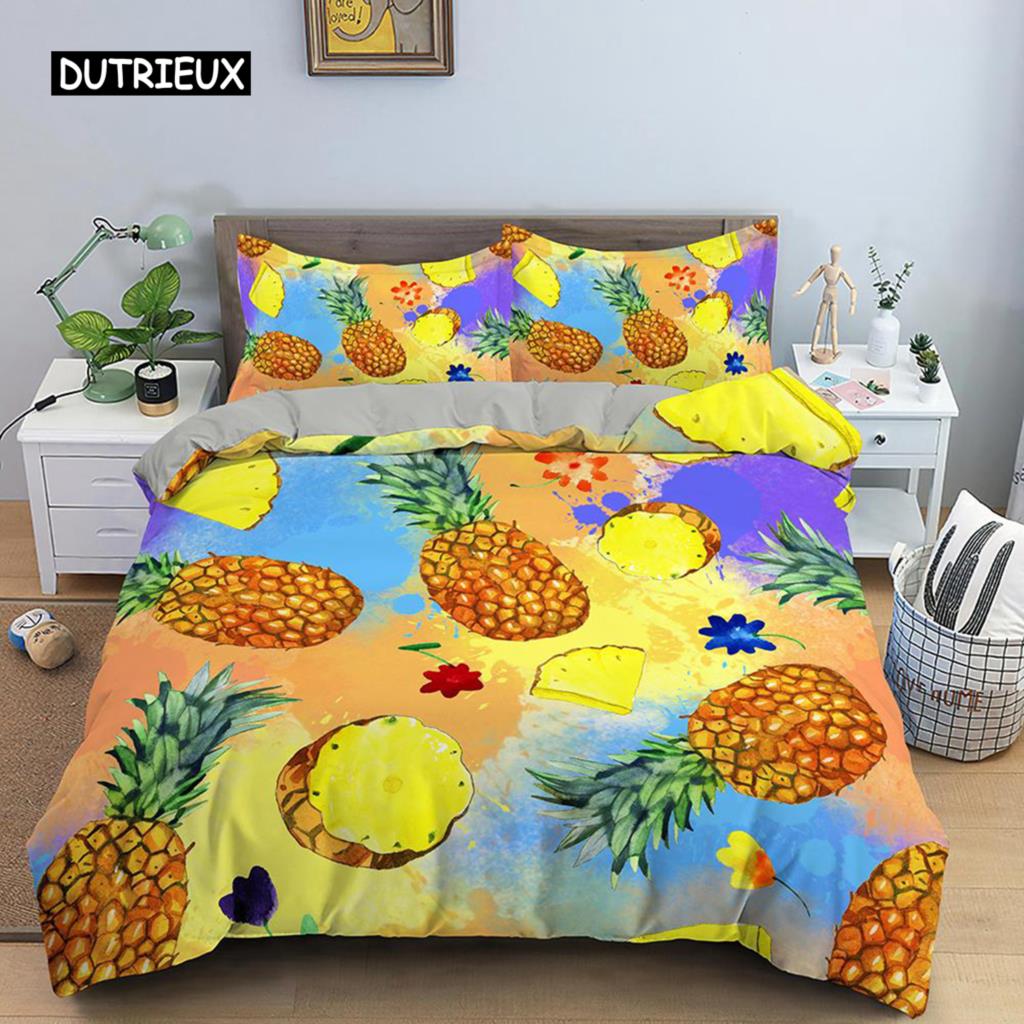 Ананасовый пододеяльник, комплект постельного белья размера Queen, детский комплект постельного белья с разноцветным рисунком ананаса для девочек и подростков, комплект постельного белья с фруктами из полиэстера