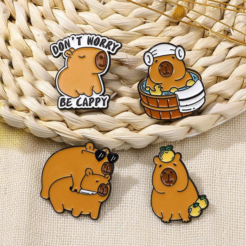 4PCS Cartoon Capybara Enamel Badges Cute Alloy Metal Pins Lapel Brooches For Backpack Clothing Hat Decorate Jewelry Accessories