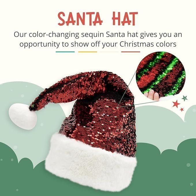 Color-Changing Flip Sequin Santa Hat — Reversible RedGreen “Magic Flip” Sequins, White Fur Trim — Festive Christmas Cap