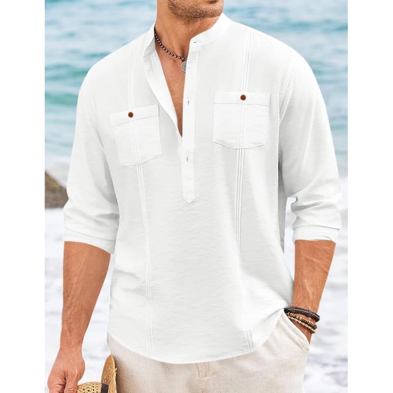 Macsivo Cotton Blend Solid Casual Short Kurta For Men Long Sleeve Mandarin Collar Stylish Shirt Kurta For Men Sky