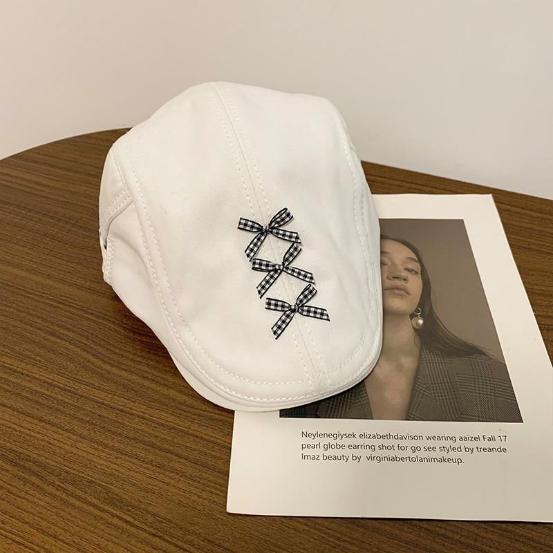 Trendy Retro Womens Beret Hat With Bowknot Cotton Blend Newsboy In Black Fall