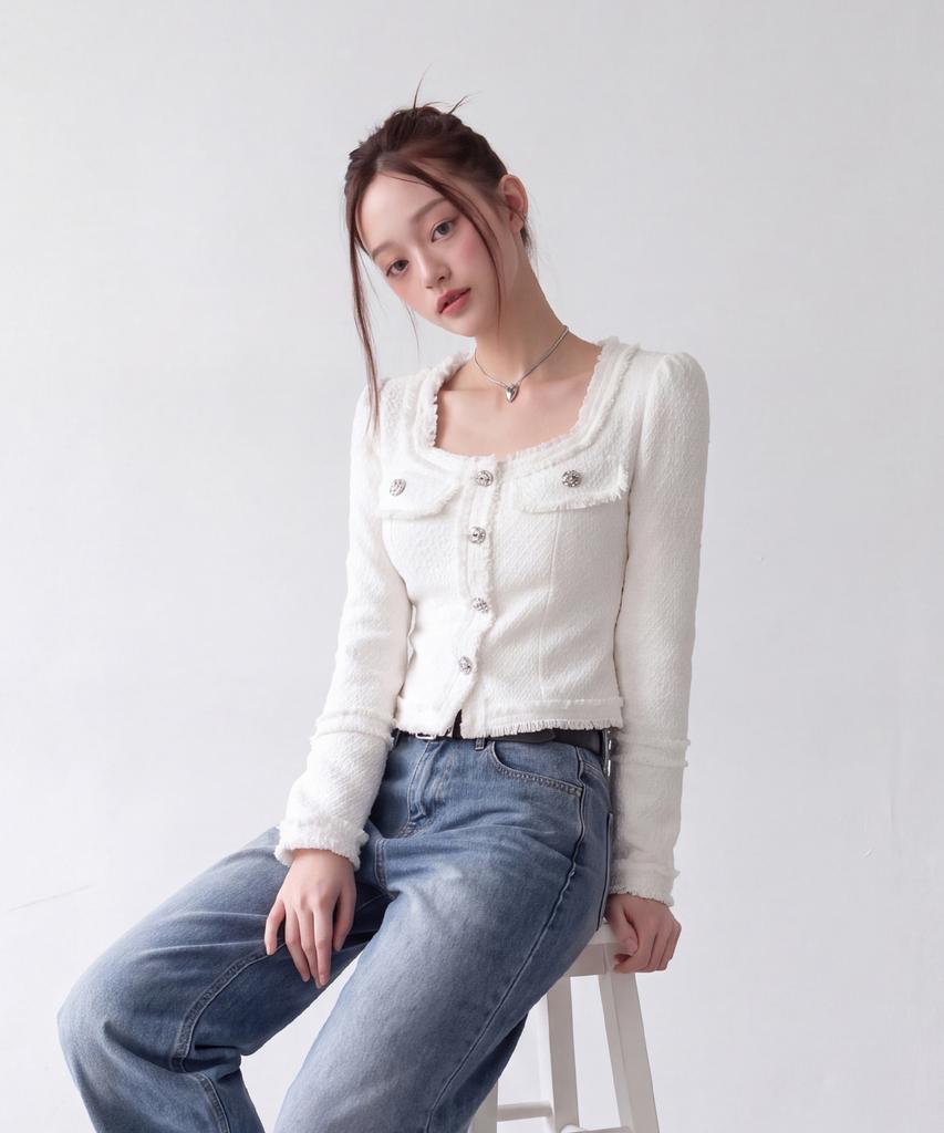 INMUDEU Blanc Slim Square Neck Tweed Short Jacket [Ivory]