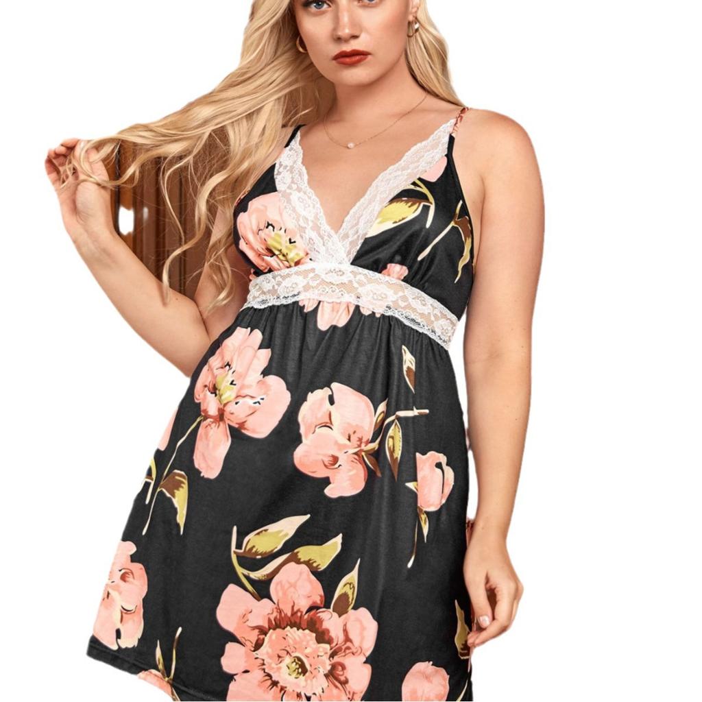 Летняя ночная рубашка большого размера, женская домашняя одежда, ночная рубашка, кружевное платье с v-образным вырезом и бретелькой на шее, домашние платья с принтом