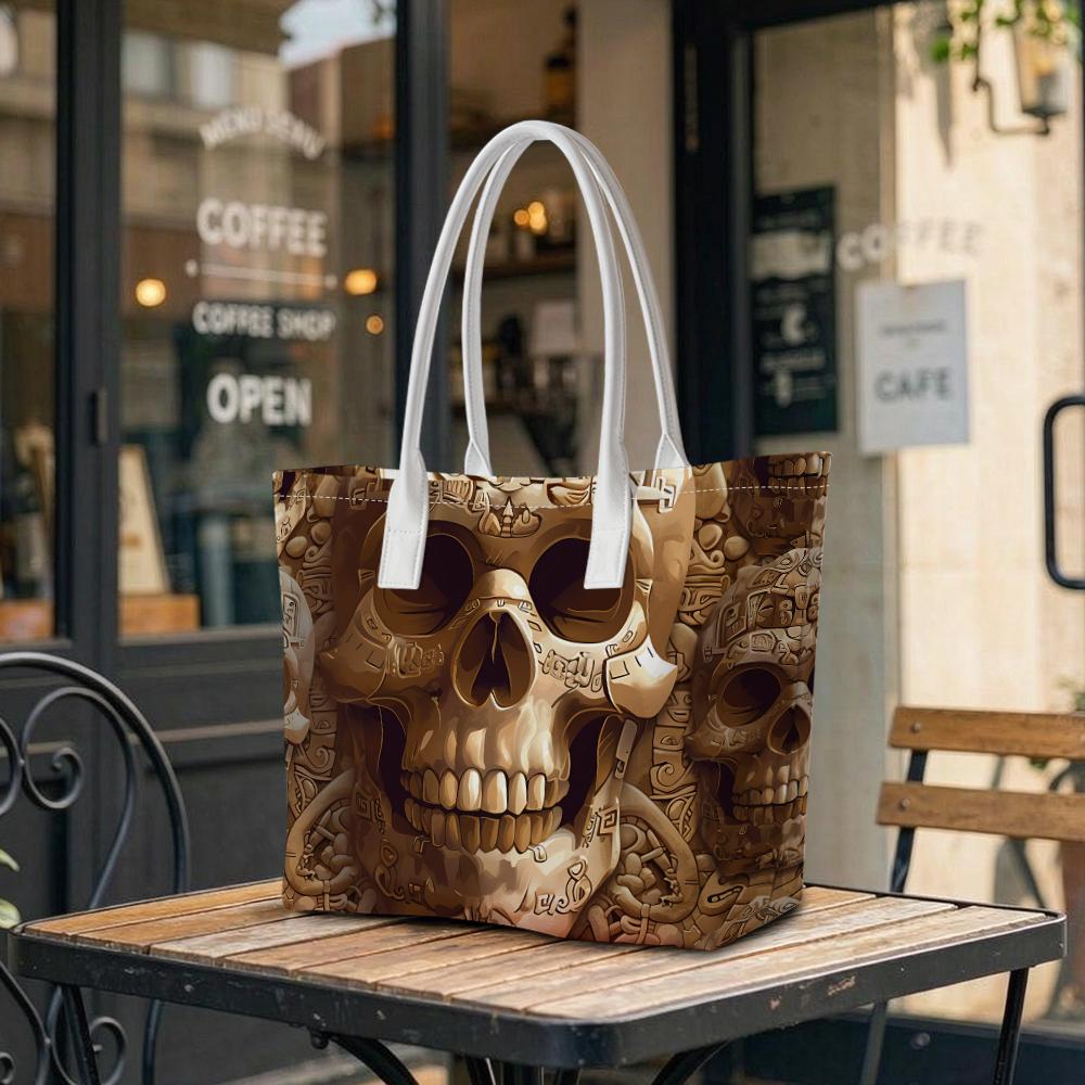 Vintage Skull Print Tote Bag Large Capacity Shoulder Bag for Daily Use