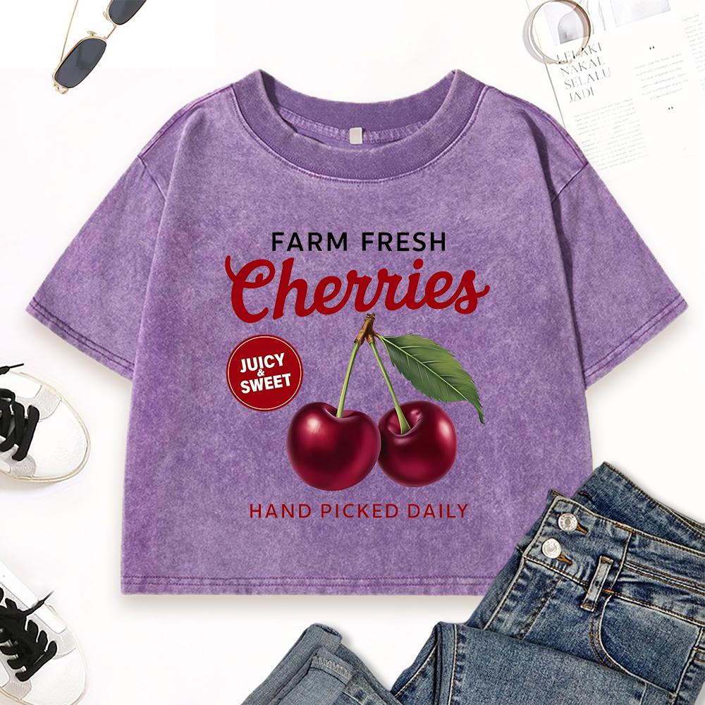 Farm Fresh Cherries Juicy Sweet Print Women Crop Washed T-Shirts Street Cotton T Shirt Crewneck Soft Top