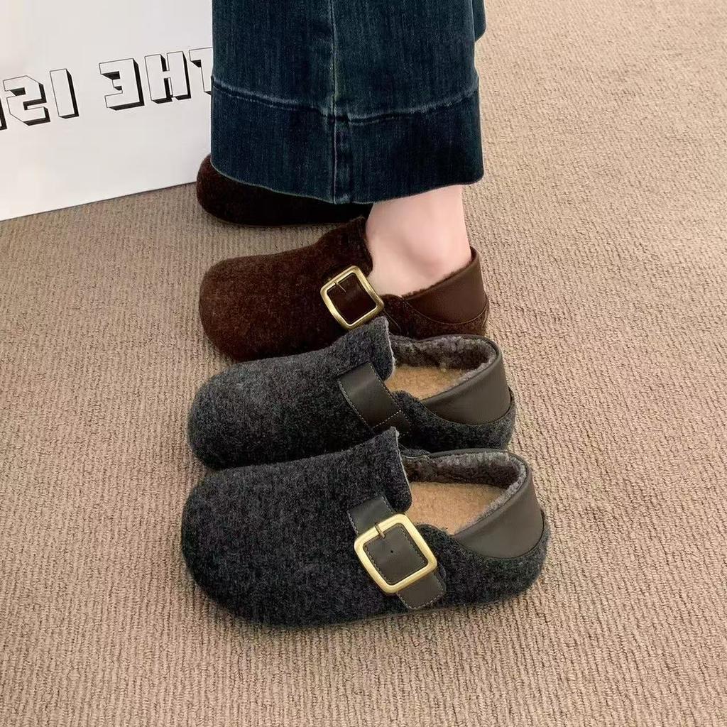 Ретро скрытый подъем две носки Birkenstocks новые осенне-зимние шерстяные ленивые толстоподошвенные бархатные хлопковые туфли