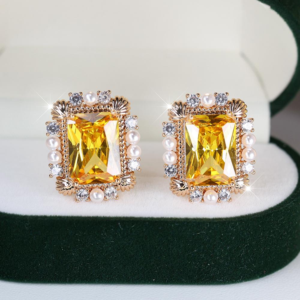 Elegant Yellow Cubic Zircon Square Stud Earrings for Women Shiny Crystal Bride Wedding Party Earrings Jewelry