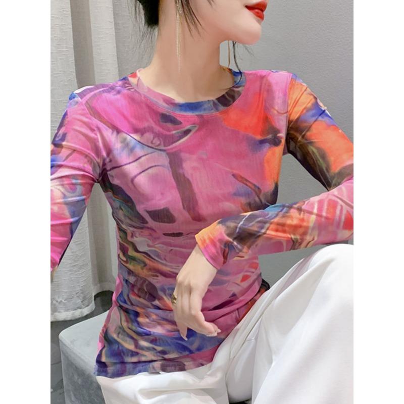 S-3XL Stretchy Mesh Tee TShirt Women O-Neck Full Sleeve Printing T-shirts Female Elegant High Stretch Slim Top