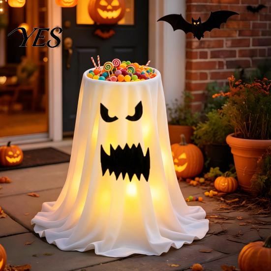 Trick or Treat Candy Table Halloween Decoration with 8-Mode Remote Control LED Light, Ghost Bowl Holder Tripod Stand, Cute for Front Porch Entryway
