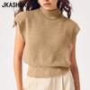 Women's Fashion Casual Solid Color Print Fall Winter Sleeveless Half Turtleneck Sweaters