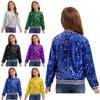 Girls Sparkly Sequin Baseball Jacket Long Sleeve Front Zip Up Striped Trim Outerwear Dancing Party Bomber Style Coat