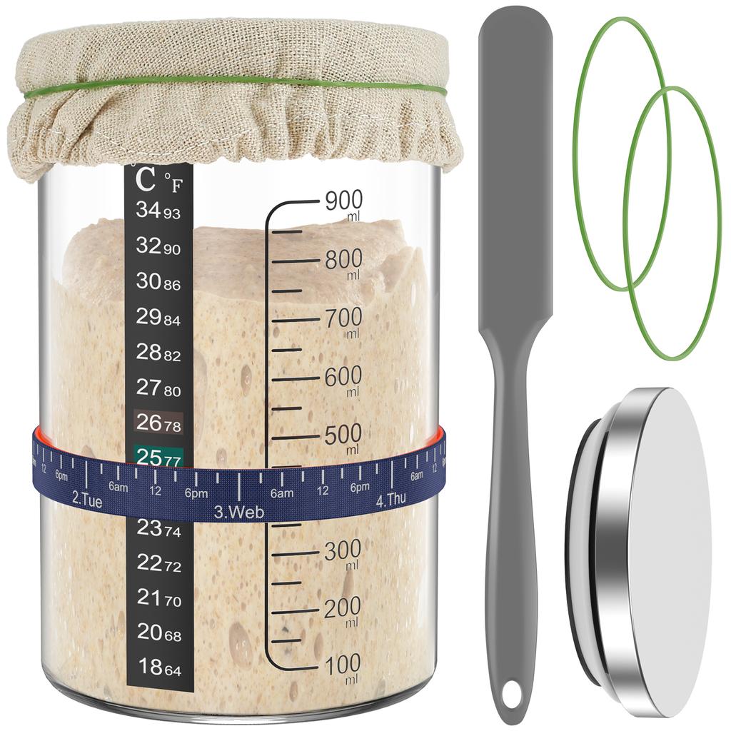 Sourdough Bread Starter Kit 900ml Sourdough Starter Container Wide Mouth Glass Sourdough Fermentation Jar for Bread Baking