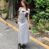 Women Fake Two Piece Bow Print Short Sleeve Dress Summer Lace Slim A-line Long Skirt