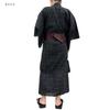 Мужской комплект юката из двух предметов Kyoto Kimono Yuzen, ткань шиджира, черный, с квадратным поясом оби на липучке (Черный, Л)