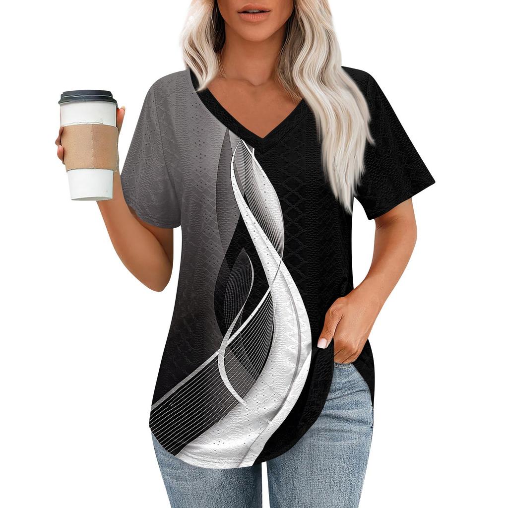 Womens T Shirts V Neck Short Sleeve Casual Tops Loose Fit Basic Tees With Curved Hem