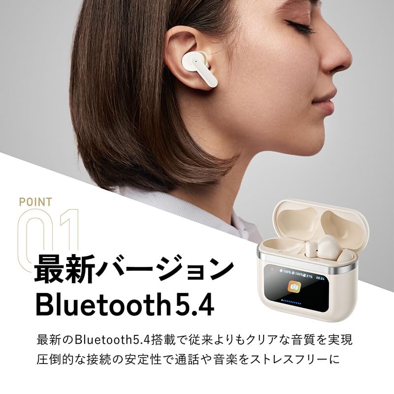 HobbyNavi Беспроводные Bluetooth Наушники с Шумоподавлением, Умное Сенсорное Управление, Компактные и IPX5 Водонепроницаемые, Цвет Слоновой Кости, 5.4, Отмена Шума, Дисплей, Легкие, Водонепроницаемые,