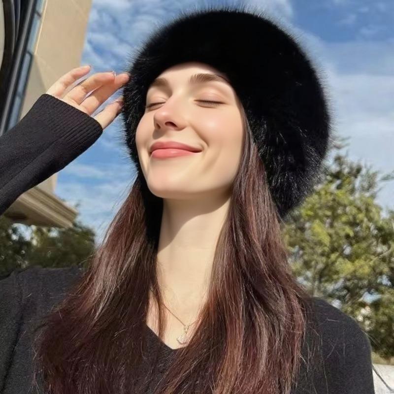 Winter Fluffy Imitation Fur Thickened for Keep Warmth Plush Bucket Hats Women Fashion Outdoor Skiing Ear Protection No Eaves Hat