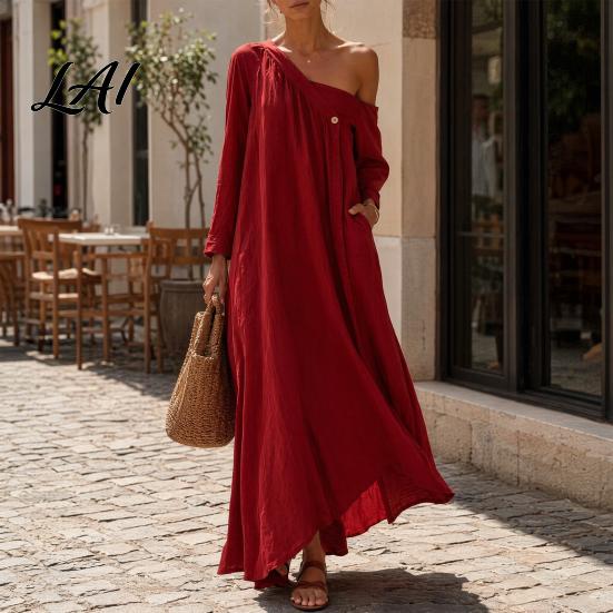 Beach Dress for Women Summer Maxi Women Casual Loose One Shoulder Long Retro Style Sleeve Dress Flowy Vacation Sundress wwith Pockets Mid-length