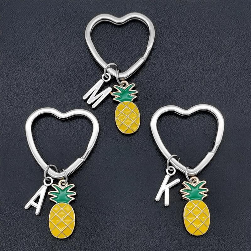 26 Letters Initial Pineapple Keychain Heart Keyring Pineapple Pendant Jewelry Fruit Charms Best Friends Keychain Gifts