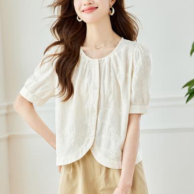 Абрикосовая вышитая рубашка для женщин, летняя новинка с коротким рукавом, топ с маленьким круглым вырезом, вышитая рубашка из чистого хлопка