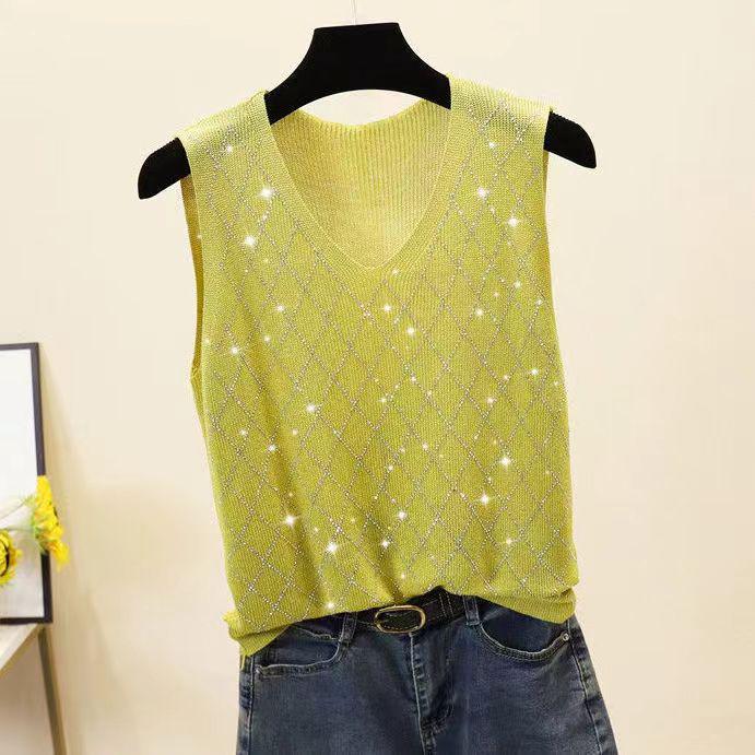 2023 Блестящий шелковый женский жилет без рукавов с V-образным вырезом - Новый стиль весна/лето, свободный крой с вязаным дизайном на бретелях с горячими бриллиантами
