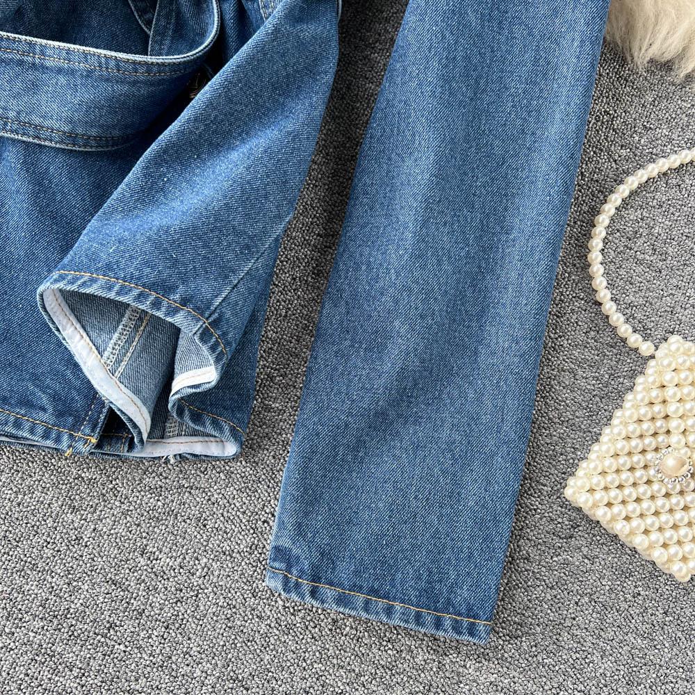 Осенняя новая корейская версия двубортной джинсовой куртки с тонким поясом на талии и краем листа лотоса с v-образным вырезом