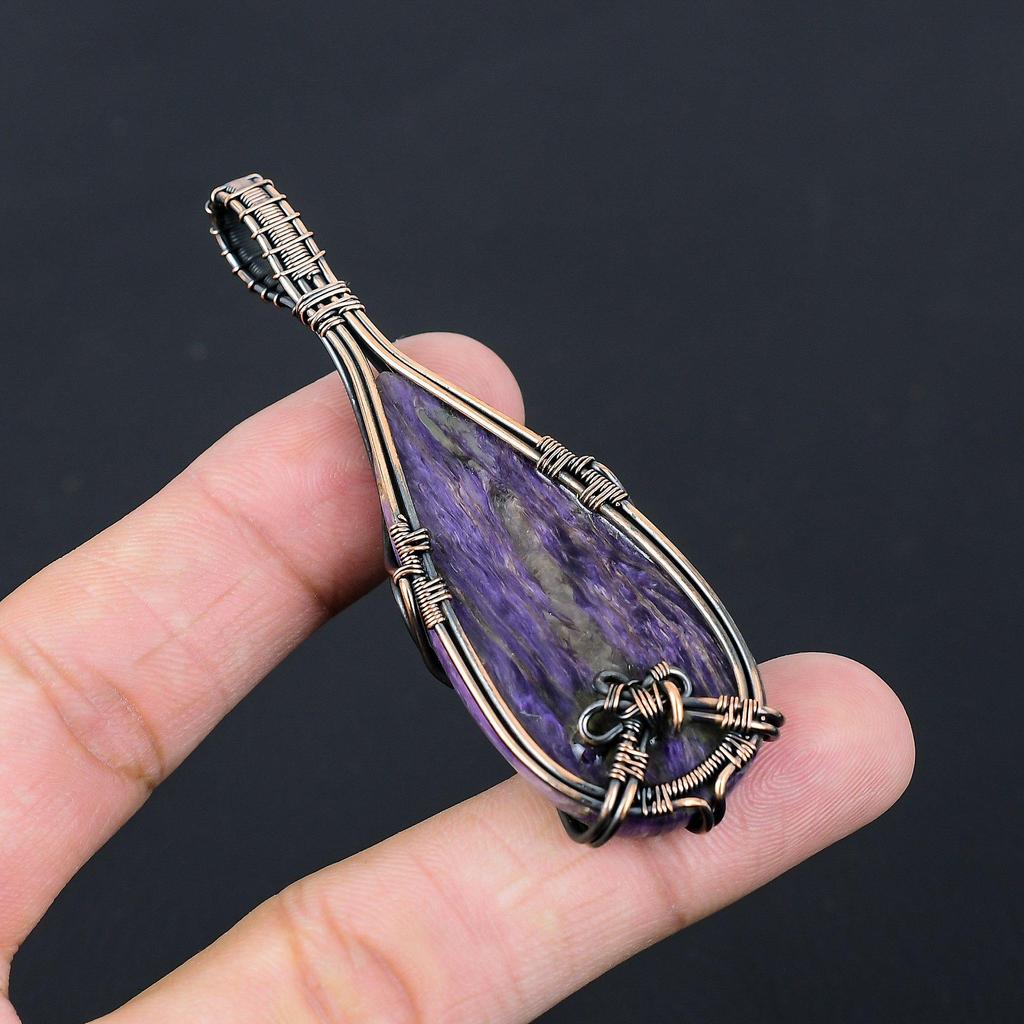 Фиолетовый чароит, драгоценный камень, чистая медная проволока, обернутая подвеской ручной работы, ювелирный подарок для нее