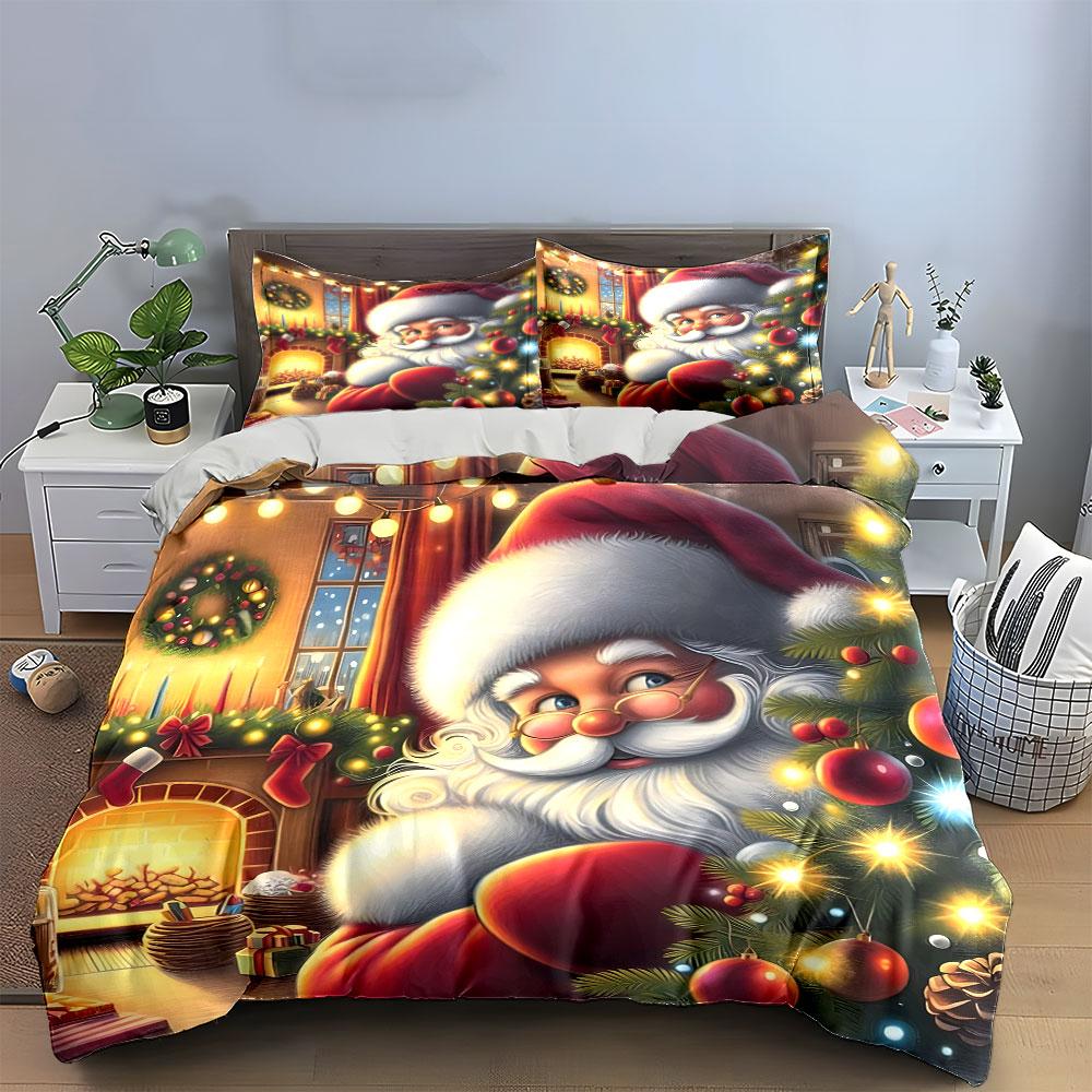 Festive Santa Christmas Scene Bedding Duvet Cover Set Duvet Cover Pillowcases (1*Duvet Cover 2*Pillowcases, without duvet insert)