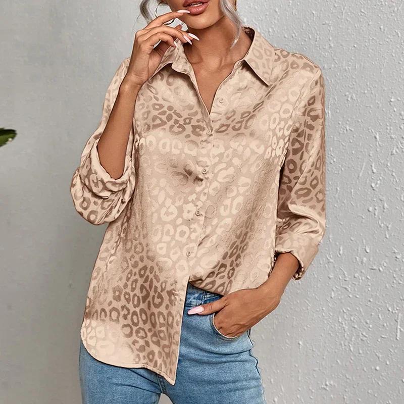 Women Leopard Print Luxury Blouse Spring Summer Long Sleeve Lapen Vintage Button Up Shirt Office Lady Satin Tunics Harajuku Top