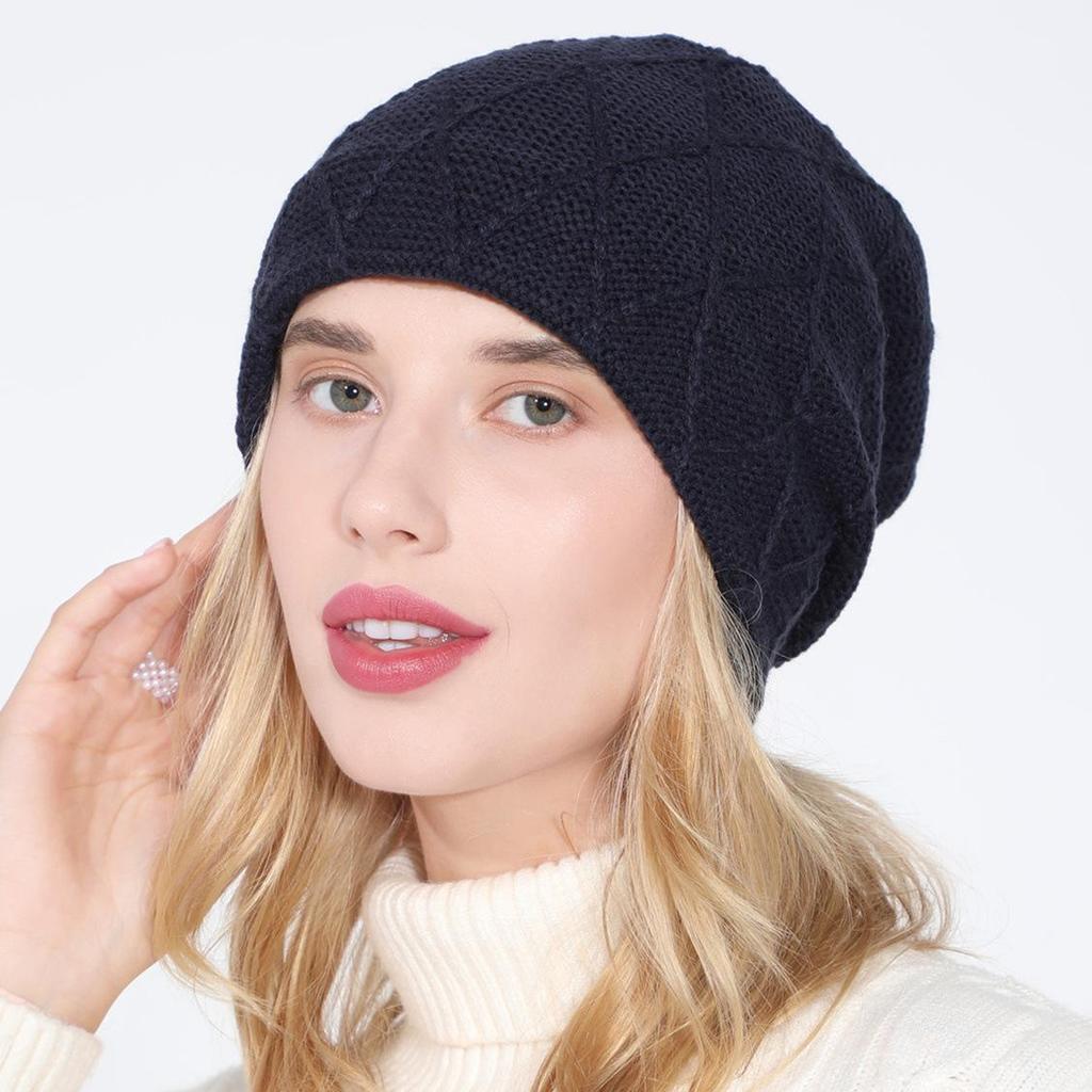 New Women's Knitted Pullover Hat Solid Color Mesh Diamond Plush Wool Cap Autumn Winter Ear Protection Pile Cap
