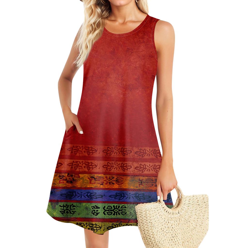Summer Dresses For Women Beach Boho Sleeveless Vintage Printing Flowy Pocket Tshirt Tank Sundresses