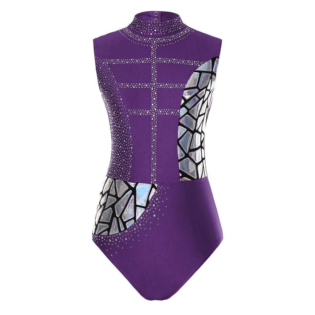 Womens Rhinestone Dance Leotard Sleeveless Cutout Back Metallic Sequins Figure Skating Bodysuit Gymnastics Performance Wear