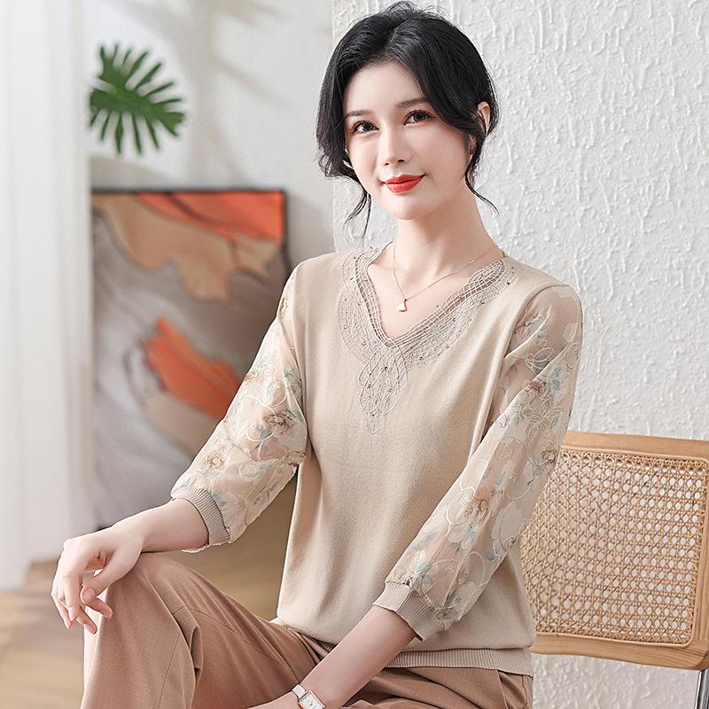 2026 Spring Women's Elegant Gauze Sleeve Top for Ages 40-50: Loose Plus Size T-Shirt