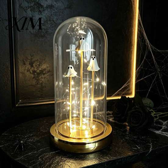 Scary Lighted Sculpture Halloween Indoor Light Up Ghost in Dome Cloche, Cute 3 Mini Figurine Decorative Night with Warm LED for Party Home Table