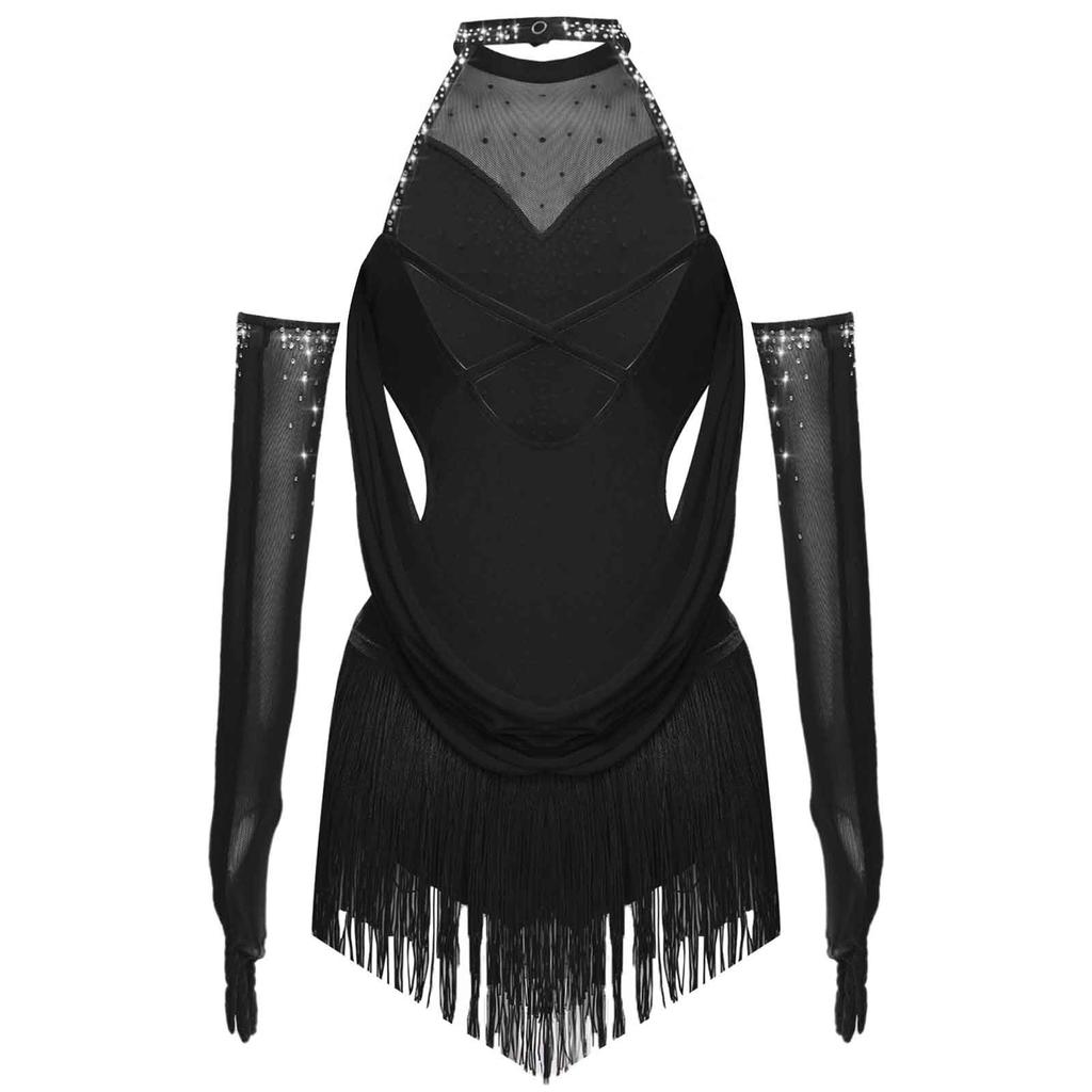 Наряд для латиноамериканских танцев для девочек, плиссированный сетчатый дизайн, вырез, бахрома, блестящие стразы, трико с подходящими перчатками