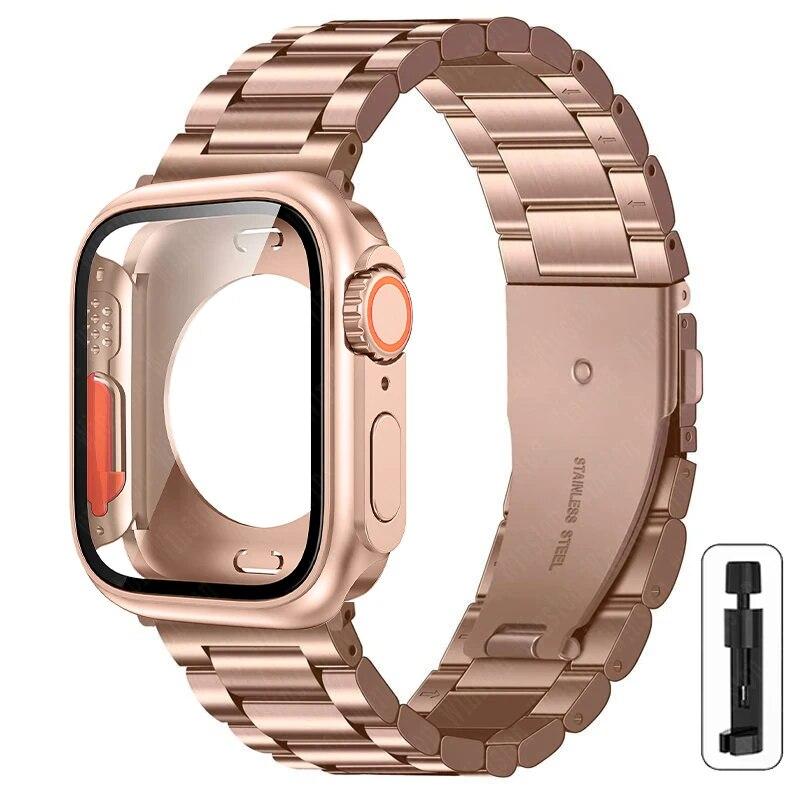 Ремешок+корпус из нержавеющей стали для Apple Watch 44мм 45мм 41мм 40мм Улучшенный ТПУ корпус Iwatch Series 9 8 7 6 SE 5 4 Металлический браслет